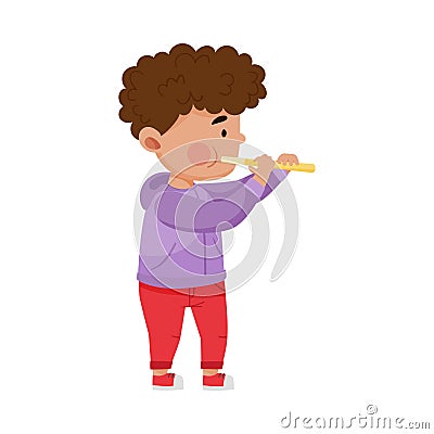 Dark Haired Little Boy Playing Flute Vector Illustration Vector Illustration