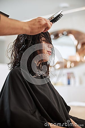 Dark-haired salon client napping during the hairstyling procedure Stock Photo