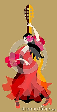 Dark-haired Spanish girl dressed in long red dress with frills on sleeves in form of roses, dancing flamenco Vector Illustration