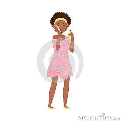 Dark Haired Young Woman Using Cosmetic Cleansing Gel or Facial Wash to Clean Her Face Vector Illustration Vector Illustration