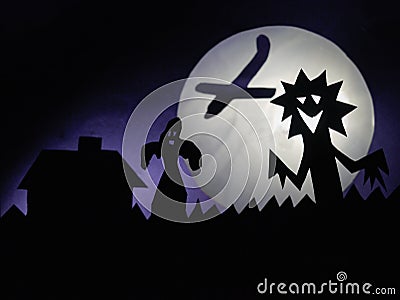 Dark Halloween background with scary creatures, Ghost, airplane, funny monster Stock Photo