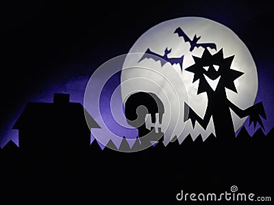 Dark Halloween background with scary creatures, Skull, bats, funny monster, full moon Stock Photo