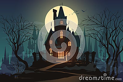 Dark halloween house with moon Cartoon Illustration