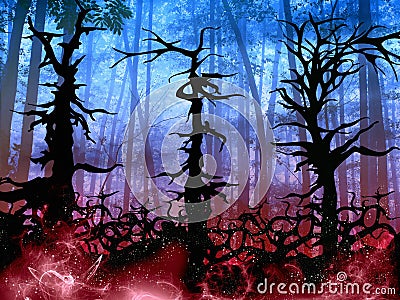 Dark halloween woods background with twisted trees Cartoon Illustration