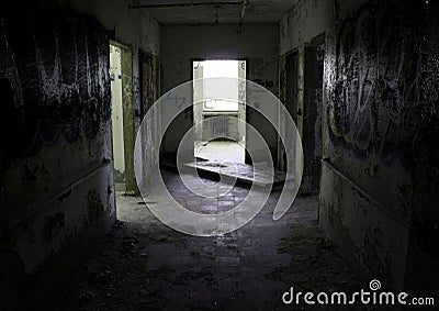 Dark hallway in an abandoned hospital Stock Photo