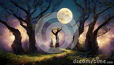 dark haunted forest under full moon Stock Photo