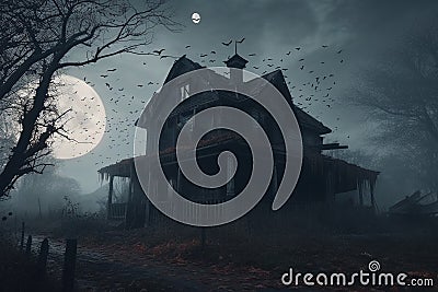 Dark haunted house under the full moon with bats and scary atmosphere, eerie and foreboding atmosphere, and would be perfect for Cartoon Illustration