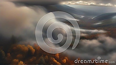 Dark heavy clouds whirl above the autumn valley. The thick fog creeps below. Stock Photo