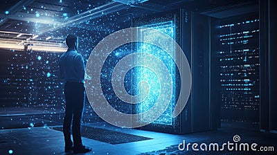 Quantum computing developer explores holographic algorithms next to glowing machine Generative AI Stock Photo