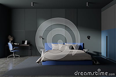 Dark home bedroom interior with bed and workspace, luxury design Stock Photo