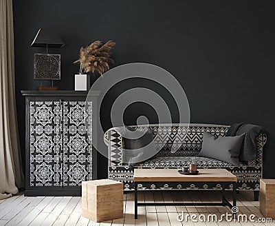 Dark home interior, ethnic style living room Stock Photo