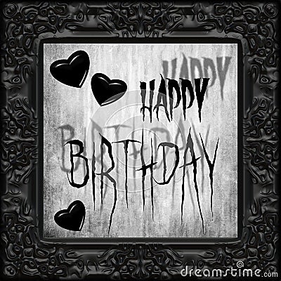 Dark horror happy birthday text and three black hearts in the goth black elegant Victorian frame Stock Photo