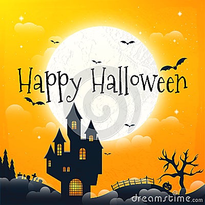 Dark house on blue full Moon. Happy Halloween. Vector Illustration