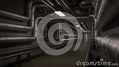 Dark industrial interior corridor with metal piping along the walls. 3D rendering Cartoon Illustration