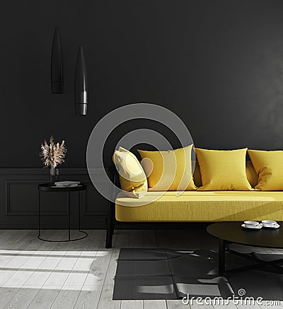 Dark interior of living room with black wall and bright yellow sofa, modern luxury living room interior background, living room Stock Photo