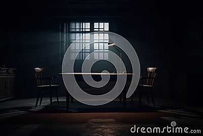 Dark Interrogation room, atmosphere of Jail room, Generative Ai Stock Photo