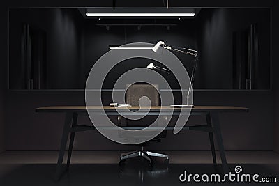 Dark interrogation room with switched-off lamp and big mirror, 3d rendering. Stock Photo