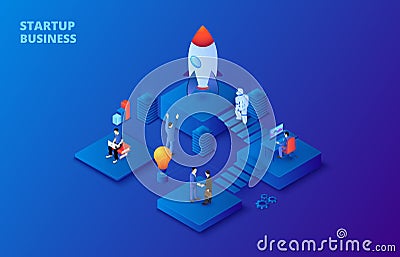 Dark isometric businnes start up concept with people, astronaut and rocket. Landing page template Vector Illustration