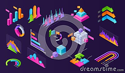 Dark isometric chart. 3d finance presentation layout with graphs charts diagrams and progress bars of volume figures Vector Illustration
