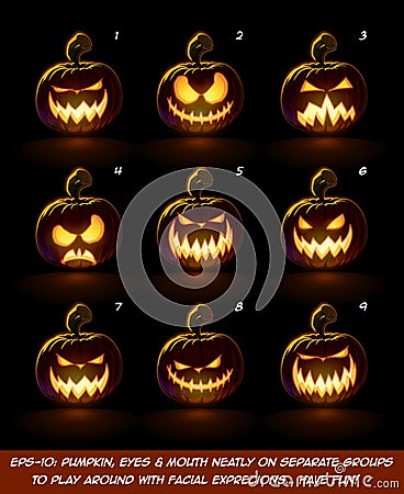 Dark Jack O Lantern Cartoon - 9 Angry Expressions Set2 Vector Illustration