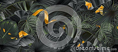 Dark jungle leaves with gold ribbons seamless pattern, 3d vector background Vector Illustration