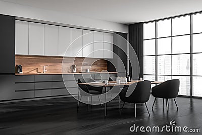 Dark kitchen room interior with four armchair and table Stock Photo