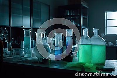 Dark laboratory room with beakers with colourful fluids, created using generative ai technology Stock Photo