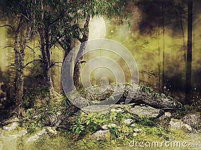 Dark landscape with a fallen tree Stock Photo