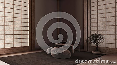 Dark late evening scene, minimal meditation room. Capet, table with Mala and bonsai. Wooden beams and paper doors. Japandi Stock Photo