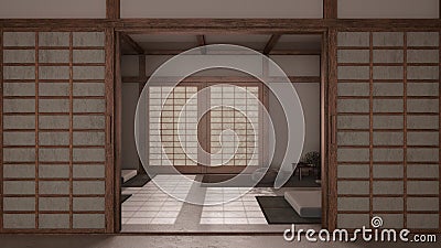 Dark late evening scene, minimal meditation room with paper door. Capet, pillows and tatami mats. Wooden beams and wallpaper. Stock Photo
