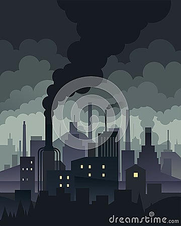 A dark layer of toxic fog hovering above the city due to the rampant factory emissions creating an ominous atmosphere Vector Illustration