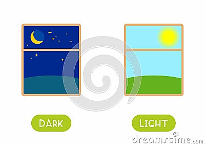 Dark and light antonyms word card flat vector template. Flashcard for english language learning. Vector Illustration