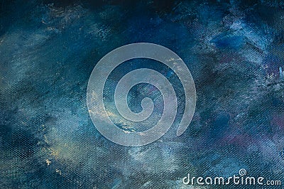 Dark and light blue oil painting background with white and purple spots. Atmospheric airy blurry fragment of picture. Trendy art Stock Photo