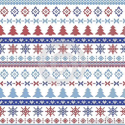 Dark and light blue and red Christmas Nordic pattern with snowflakes, trees , xmas trees and decorative ornaments in scandinavian Vector Illustration