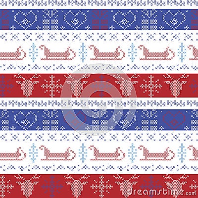 Dark and light blue, and red Nordic Christmas seamless pattern with santas sleigh, reindeer, snowflakes, stars decorative ornament Vector Illustration