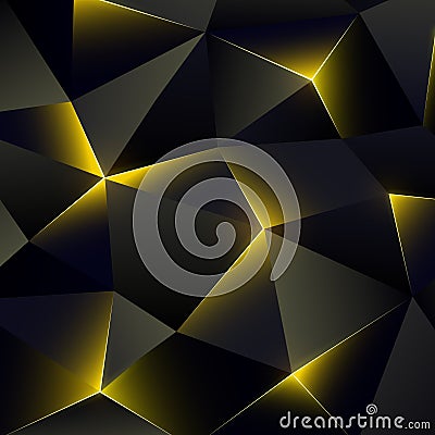 Dark low poly background. Abstract geometric backdrop with triangle. Shining lines of backlight. Gray yellow triangles background Vector Illustration