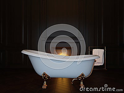 Dark luxury bathroom interior with bathtub and fireplace. 3d image Stock Photo