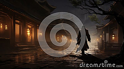 Mysterious Monk Sneaking In Enigmatic Oriental Alley Stock Photo