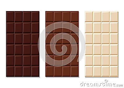 Dark, milk and white chocolate bar set Vector Illustration