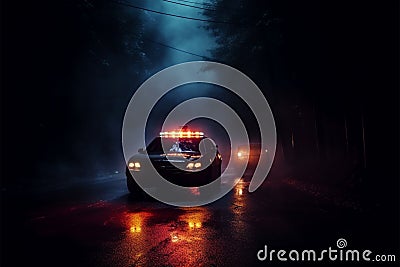 In the dark and misty night, a police car gives chase Stock Photo