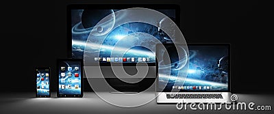 Dark modern computer laptop mobile phone and tablet 3D rendering Stock Photo