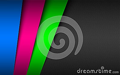 Dark modern material background with overlapped papers in neon colors and hexagonal mesh pattern Vector Illustration
