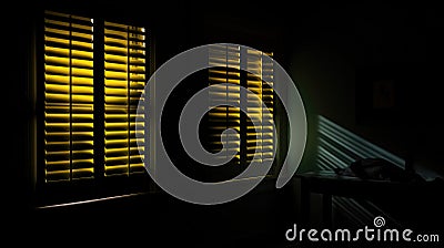 Dark, moody atmosphere set by yellow light softly piercing through the blinds. The shutters create a lovely contrast between light Stock Photo