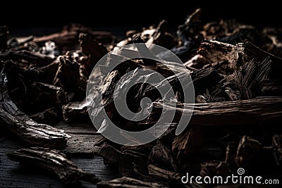 Dark and moody background of splintered wood with dramatic lighting and deep shadows Stock Photo