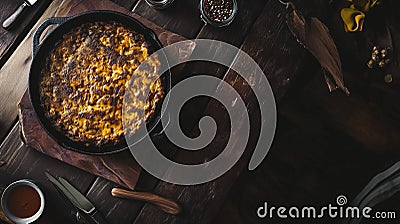Dark And Moody Bobotie With Chutney In Rustic Table Setting, created using generative AI tools Stock Photo