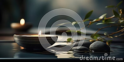 Dark and moody close up of a calm and beautiful spa facility or zen meditation resort, AI generated Stock Photo