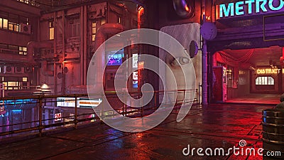 Dark moody dystopian future cyberpunk city urban landscape at night after rain. 3D rendering Cartoon Illustration