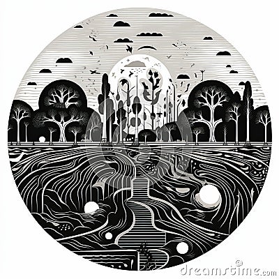 Dark And Moody Illustration Of Rural Life In A Circular Landscape Cartoon Illustration