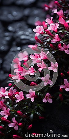 Dark And Moody Pink Flowers On Rocks: A Chiaroscuro Photography Stock Photo