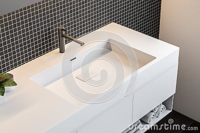 Black mosaic wall bathroom, double sink top view Stock Photo